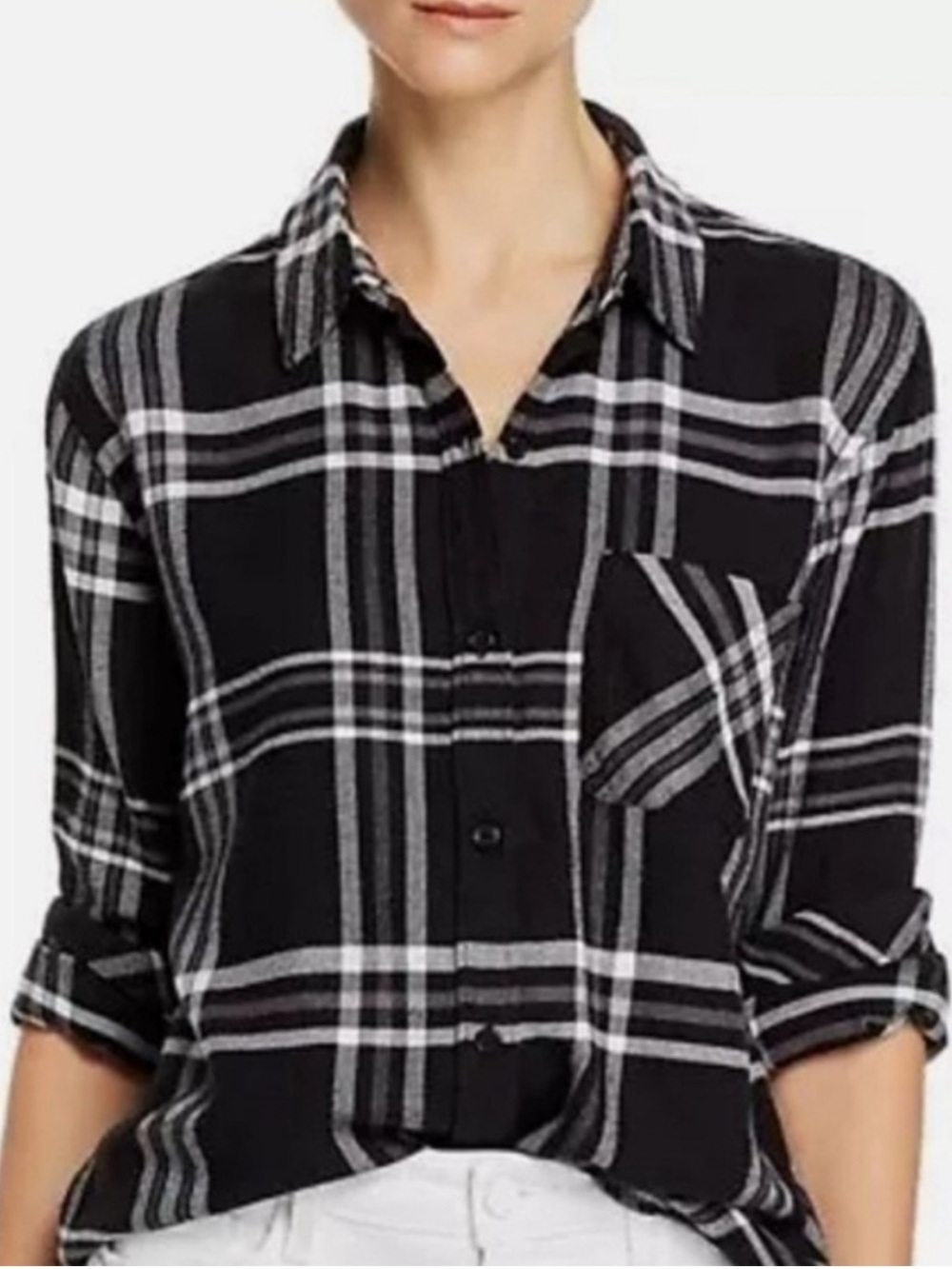 RAILS Hunter Black and White Plaid Shirt Button Down Rayon Small Long Sleeve Top